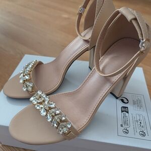 Elegant Beige Crystal-Embellished Block Heel Sandals